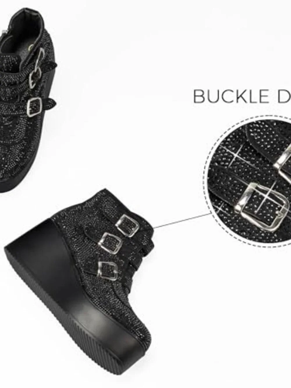 Women Platform Chunky Ankle Boots - Round Toe Zipper Wedges High Heels Buckle